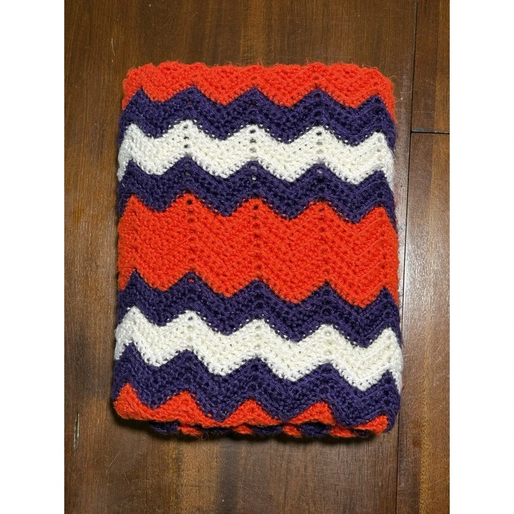 Handmade Crochet Throw Blanket 36.5x53 Orange Purple White Chevron Clemson Color